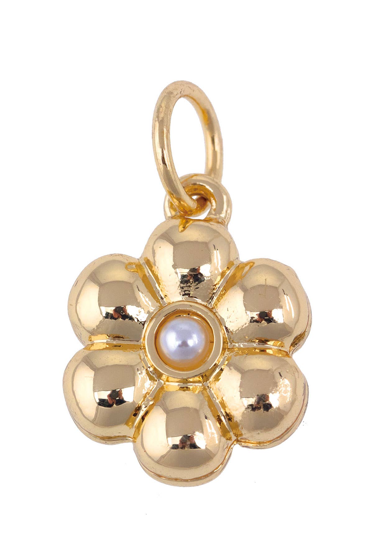 Puffy Pearl Flower Charm in Shiny Gold