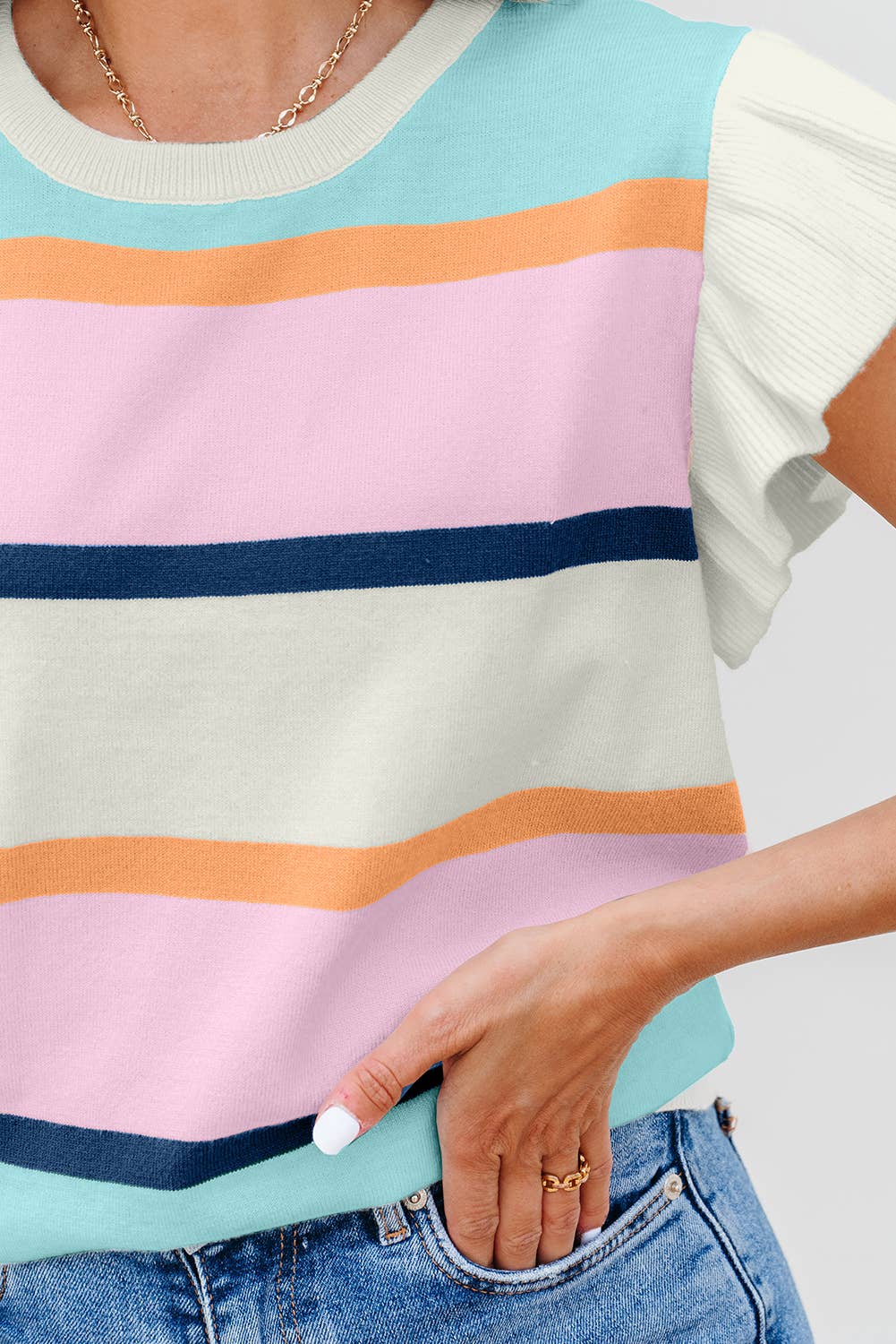 LDC Striped Color Block Flutter Sleeve Patchwork Sweater Top