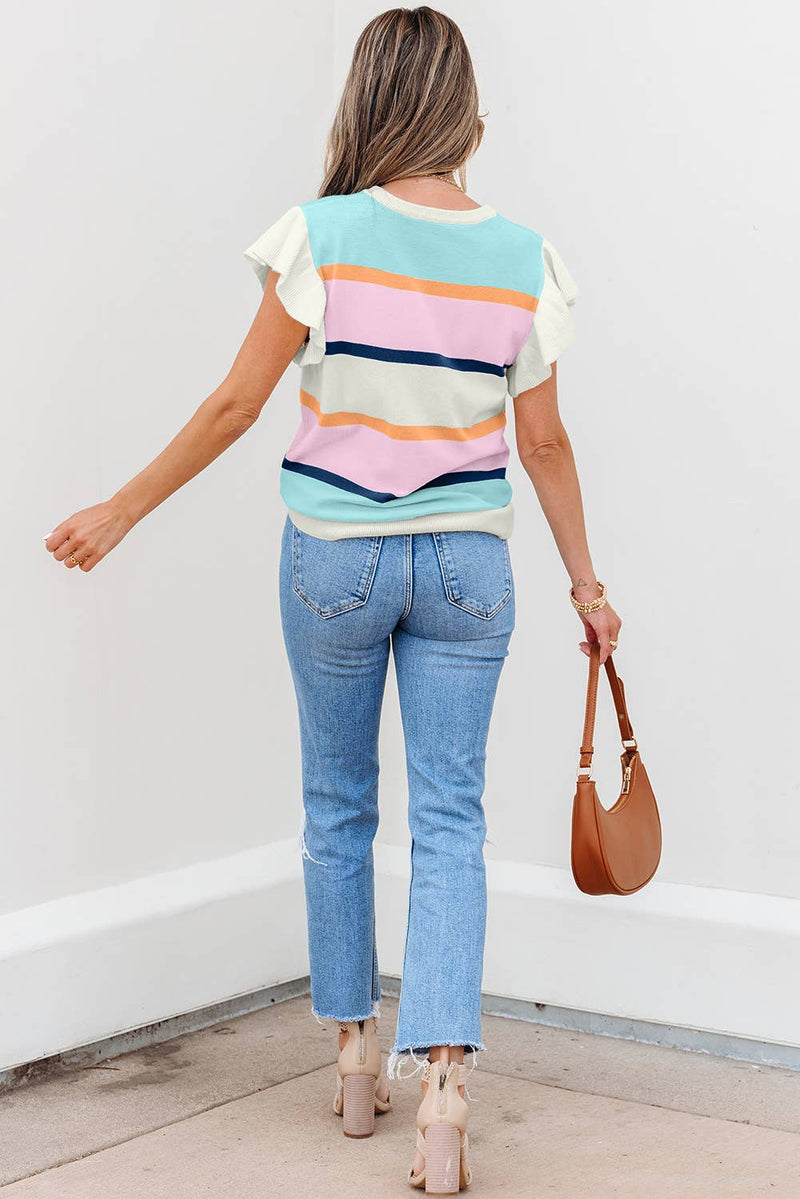LDC Striped Color Block Flutter Sleeve Patchwork Sweater Top