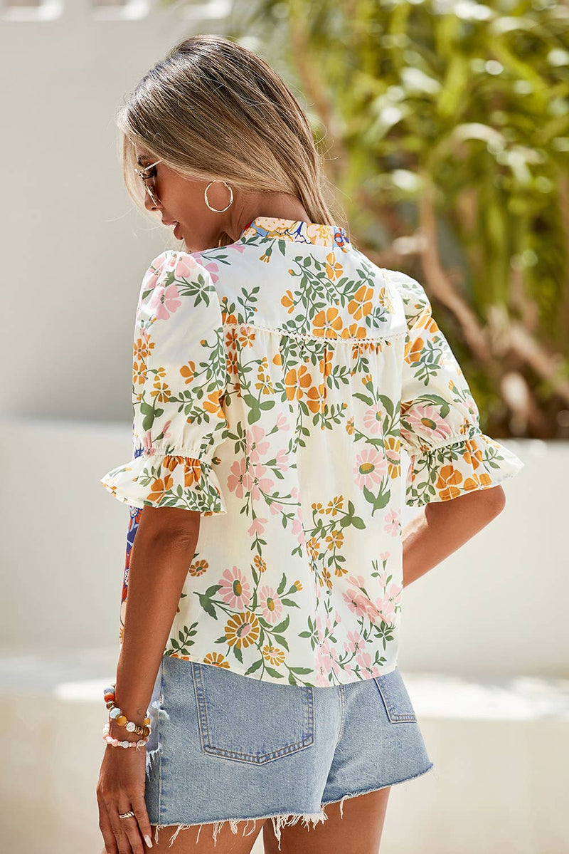 LDC  V Neck Half Sleeve Boho Floral Blouse