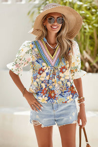 LDC  V Neck Half Sleeve Boho Floral Blouse