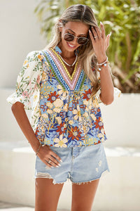 LDC  V Neck Half Sleeve Boho Floral Blouse