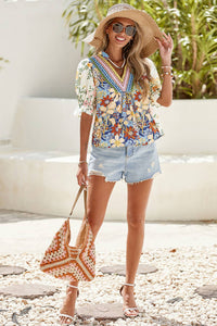 LDC  V Neck Half Sleeve Boho Floral Blouse