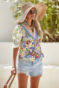 LDC  V Neck Half Sleeve Boho Floral Blouse