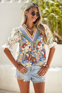 LDC  V Neck Half Sleeve Boho Floral Blouse