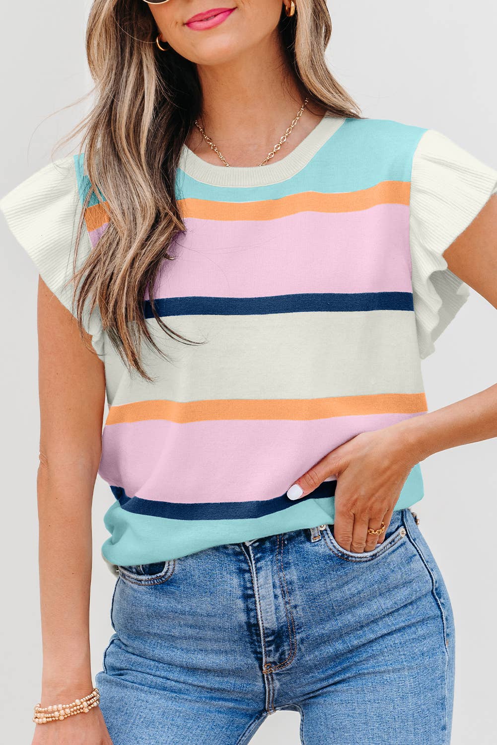 LDC Striped Color Block Flutter Sleeve Patchwork Sweater Top
