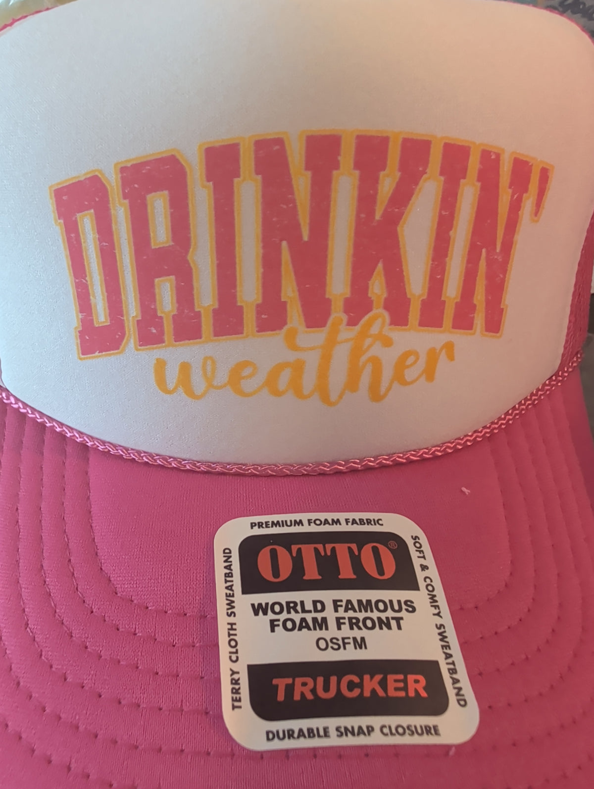 Drinkin' Weather DTF Printed Hot Pink & White Trucker Hat