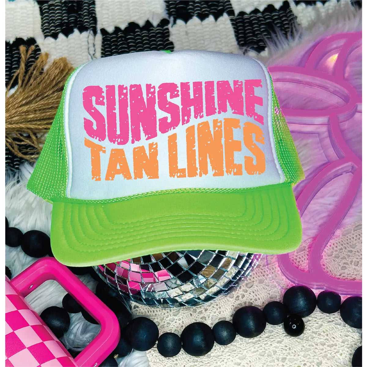 Sunshine and Tanlines DTF Printed Neon Green & White Trucker Hat